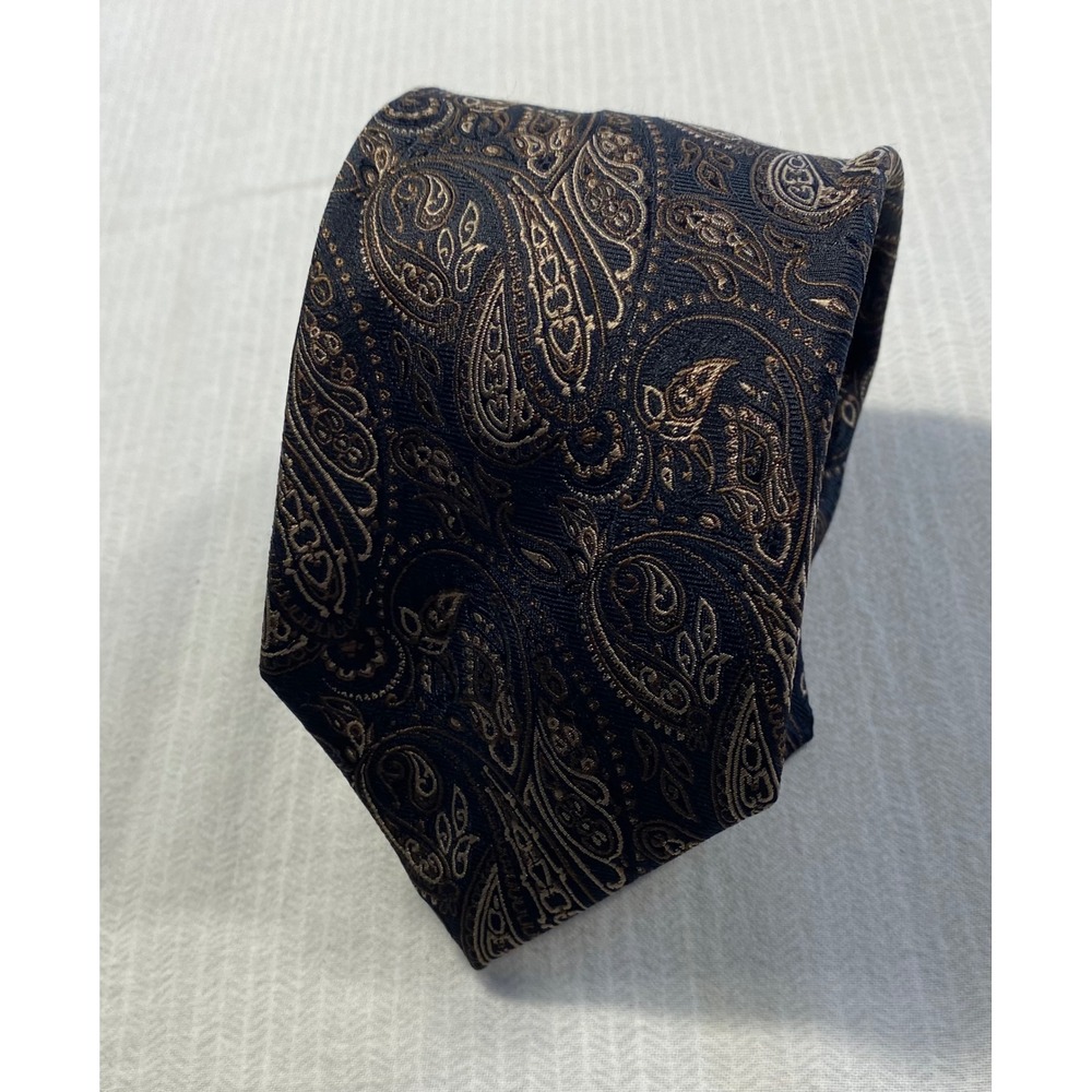 J Campbell Mens Silk Tie Black Bronze Paisley Dark Academia Quiet Luxury